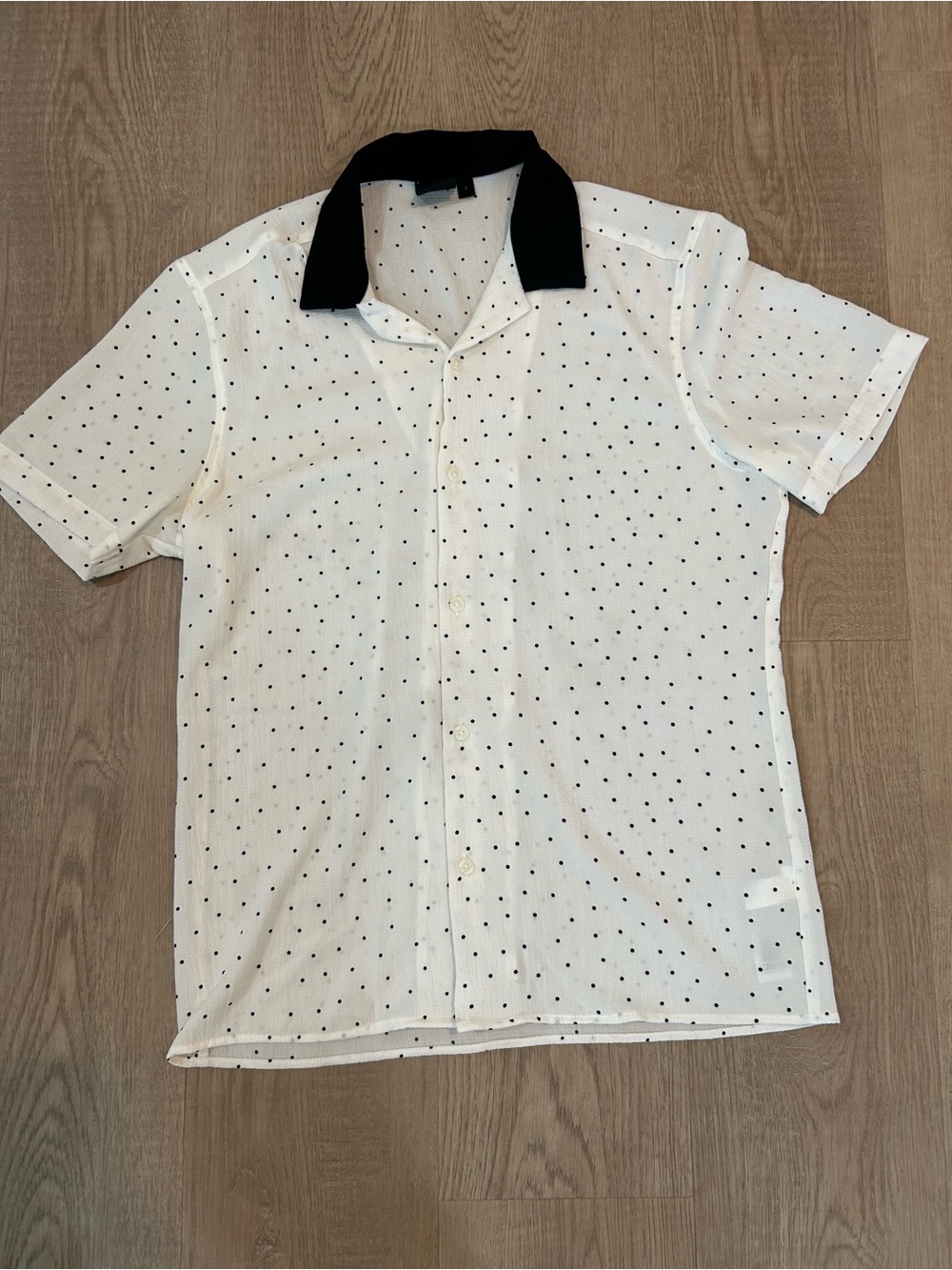 Men's White Short-Sleeve Button-Up Shirt with Black Collar